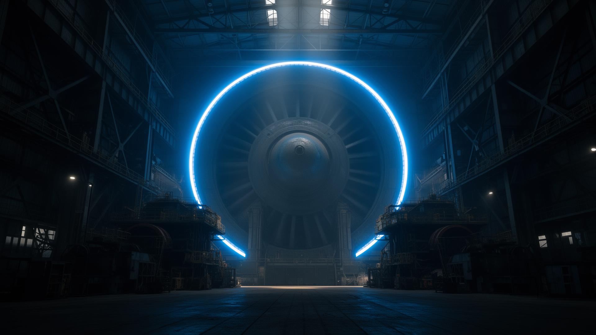 Industrial turbine hall with dramatic blue rim lighting